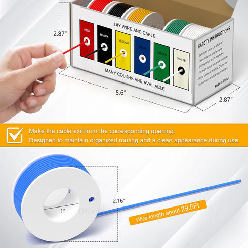 20 6 29.5ft/9M -60 200 AWG Wire Stranded Solid Core Hook-Up Flexible Wires, Colors Harnesses Each Roll Soft Silicone