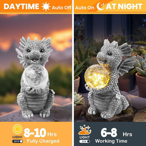 Solar Garden Decorations - Dragon Statue with Crackle Glass Ball Light - Garden Decor for Patio, Yard, Lawn, Pathway