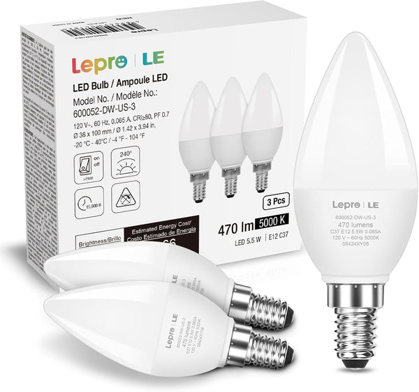 Lepro E12 LED Candelabra Light Bulbs, 5000 Kelvin Daylight White 5.5 watt,