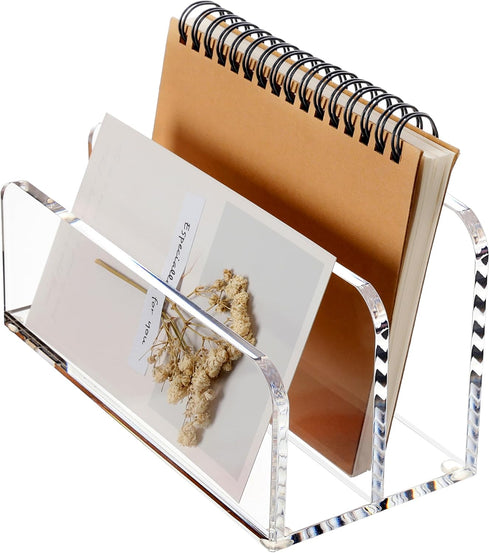 SANRUI Acrylic Mail Sorter Desktop Organizer, 2 Compartments Clear Small File Holder for Desk, Office, Home