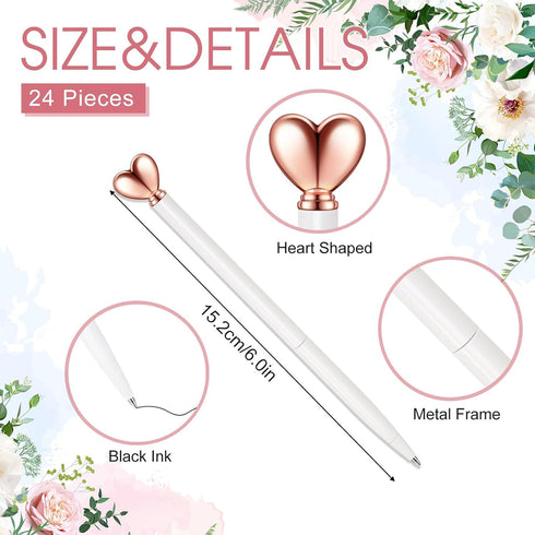 Thenshop 24 Pcs Heart Shaped Pens, Retractable Metal Cute Pens 1.0 mm Black Ink for Engagement Gifts Women