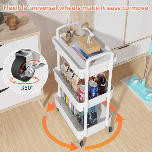 Calmootey 3-Tier Rolling Utility Cart with Drawer, Multifunctional Storage Organizer for Kitchen, Bathroom, Office
