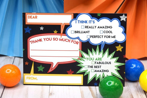 Chalkboard Speech Bubble Birthday Thank You Notes for Kids, Ten 4" x 5.5" Fill In The Blank Cards with Envelopes