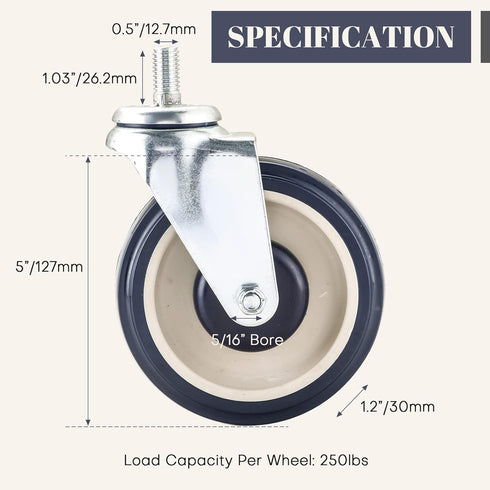 5" 4 Pack MYFULLY Shopping Cart Caster Wheel Replacement Wheels Kit, Polyurethane Stepped and Full Tread Face Caster