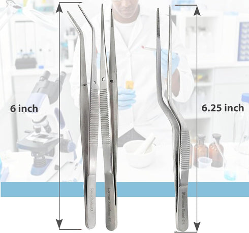 6" (15.2 cm), (6" Set 3pcs) Lab Tweezers High Precision Forceps, Fine Strong Point tweezers, Stainless Steel