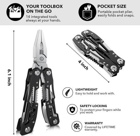 14-In-1 Multitool with Safety Locking, Professional Stainless Steel Multitool Pliers Pocket Knife, Bottle Opener, Screwdriver with Nylon Sheath Apply to Survival,Camping, Hunting and Hiking by fangfo