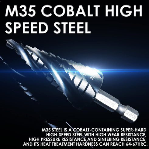 M35 Cobalt Step Drill Bit, Four Spiral Flute Unibit (3/16"-7/8"), Wear-Resistant TiAlN Coated, 1/4" Hex Shank