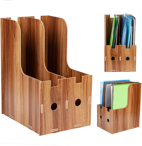 MUNEFE Desk File Sorter Organizer, Wooden Desk Organizer, Magazine Book File Stand Organizer, Desktop Bookshelf Storage