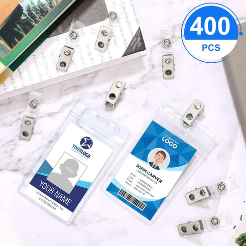Metal Badge Clips, Double Hole ID Badge Clips with Clear PVC Straps, 400 Pack for Office Supplies