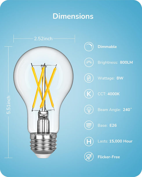 EDISHINE 6 Pack LED Edison Bulbs, A19 Dimmable, 800LM, 4000K Cool White Light, E26 Base, 8W Equivalent 60W