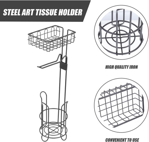 Didiseaon Wrought Iron Toilet Paper Holder Vertical Roll Paper Rack with Storage Shelf Black Metal for Bathroom Floor