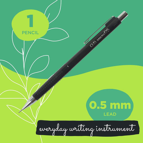 SAKURA Mechanical Pencil 0.5 mm - Pencil with 3 Eraser Refills - Fixed Sleeve for Using Rulers and Templates - Black