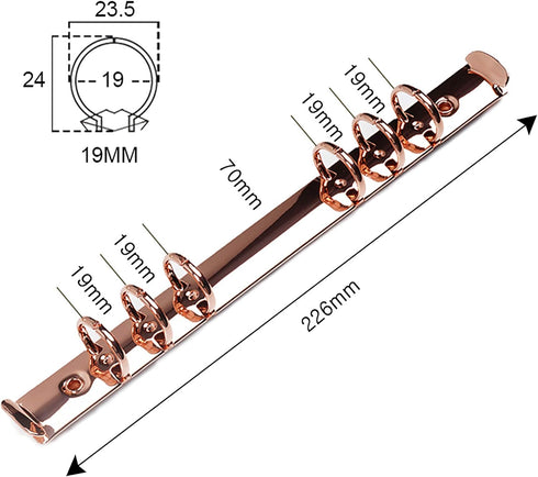 Moterm 2 Pieces 6-Hole Ring Binder Mechanisms Replacement Kit | A5 Size, Rose Gold Color, 19mm