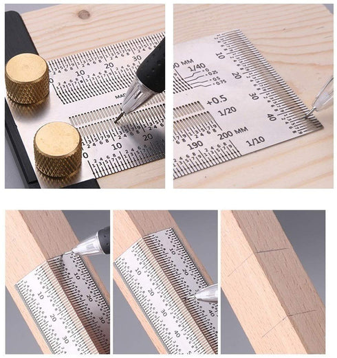Ultra Precision Woodworking Marking T Rulers, Layout Work Scribe Line Ruler with Holes, Carpenter Measuring Tool (200mm)