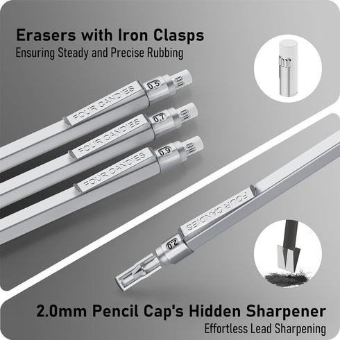 Four Candies Metal Mechanical Pencil Set, 3PCS 0.5, 0.7, 0.9MM & 2PCS 2MM Pencils with 420PCS Leads for Drawing (Silver)