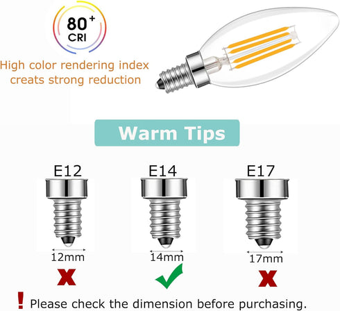 E14 Base LED Filament Candle Shape Light Bulb, 40W Equivalent, Warm White 2700K, 4-Pack
