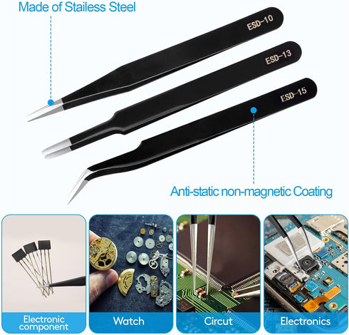 YHYZ 6pcs Set, Set Precision Tweezers Premium Anti-Static Stainless Steel ESD Tweezers Kit for Electronics
