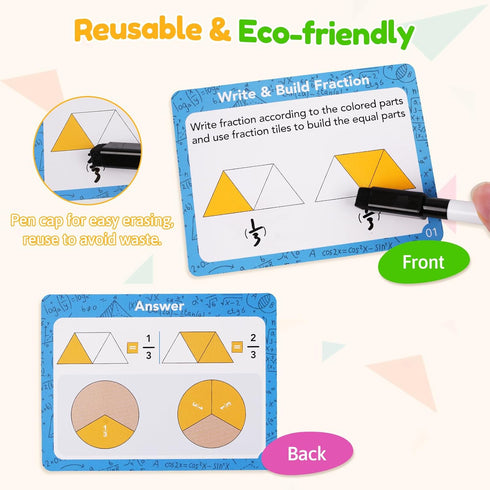 Set, K-3 PINKPEACH Wooden Fraction Tiles & Circles Math Manipulatives for Kids, Montessori Fraction Learning Kit
