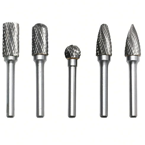 Tungsten Carbide Burr Set Double Cut – 5pcs 1/4" Shaft 3/8" Cutter Head Rotary File Tool, Die Grinder Bits for Metal