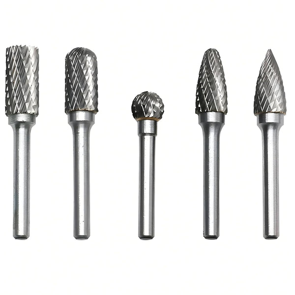 Tungsten Carbide Burr Set Double Cut – 5pcs 1/4" Shaft 3/8" Cutter Head Rotary File Tool, Die Grinder Bits for Metal