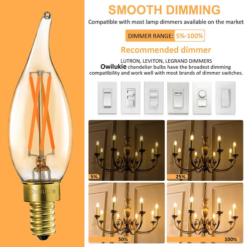 Owilukie Bulbs 4W (40W E12 Bulb 2200k,Dimmable Fixture,Chandelier,6 Pack Chandelier Amber Light Equivalent), Amber
