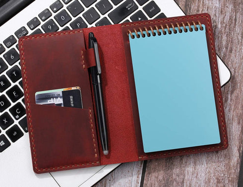 Leather Journal Cover for 3.5" x 5.5" Pocket Notebook with Pen Loop, Compatible with Rocketbook Mini - Wine