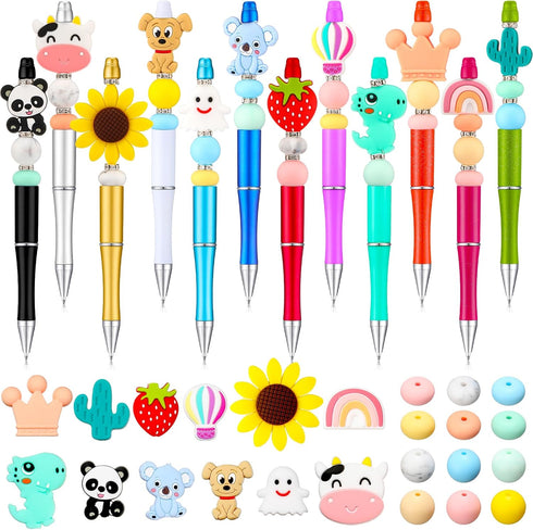 Ctosree 12 Pcs Beadable Pens Kit, DIY Cute Animals Bead Pens Making Kit with Black Ink for School Supplies