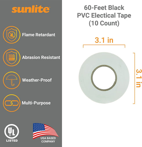 Sunlite 41325-SU 10-Pack PVC Electrical Tape, 60 Feet x 0.75 Inches, White