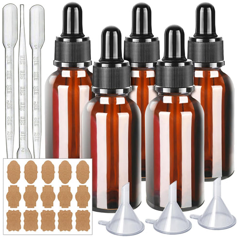 Teenitor Eye Dropper Bottles with Funnels, Plastic Transfer Pipettes & Labels, 30ml Glass Tincture Bottles, Amber