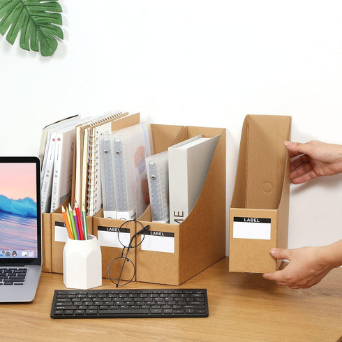 Foldable Desk File Holder Organizer - Sturdy Cardboard Magazine Storage Box with Blank Label Stickers for Home School