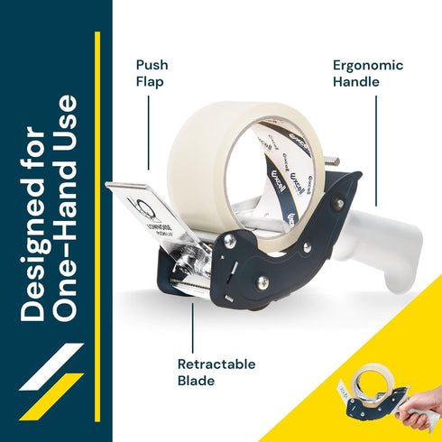 Excell Low Noise Tape Dispenser, 2" Wide with Pushflap Technology for Quiet Carton Sealing - Includes Tape Roll