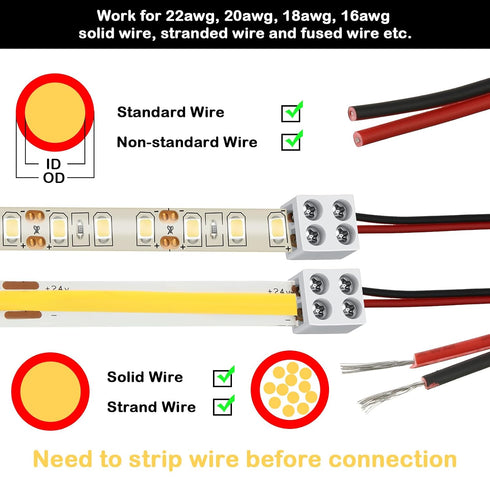 25 Pack 2 5v 12v 24v Lights(10mm,White) Flutesan Solderless LED Tape Light Connector Pin Terminal Block Screw Down LED