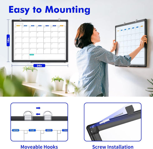 TRIPOLLO Dry Erase Calendar Whiteboard for Wall, 24" x 18" Magnetic Monthly Calendar with Black Aluminum Frame