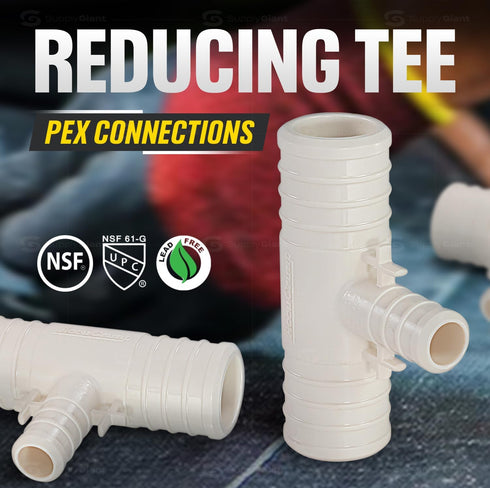 QQSU3431-5 Plastic PEX Poly Alloy Reducing Tee Barb Pipe Fitting, 3/4'' x 3/4'' x 1/2'', White (5 Pack)