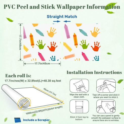 Kanworse 17.7in 32.8ft Peel and Stick Wallpaper Back to School Colorful Crayons Handprint for Kids Self-Adhesive Wall