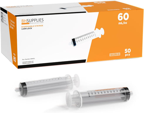 BH Supplies 60ml Luer Lock Tip Syringes (No Needle) - Sterile, Individually
