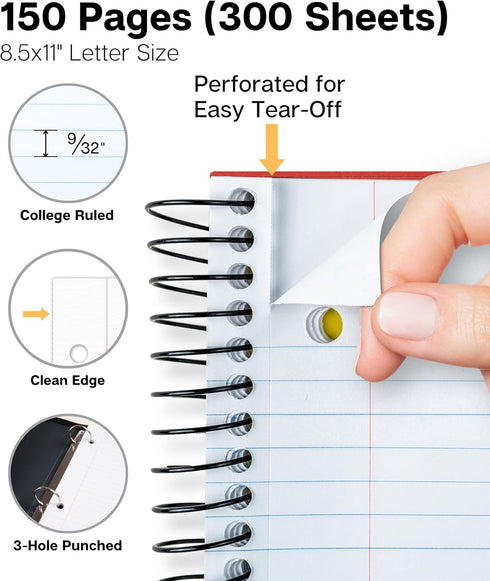 Dunwell 3-Subject College Ruled Notebook, 8.5 x 11 (Red) - 150 Sheets/300 Pages, Spiral Notebook with Tabs and Pockets