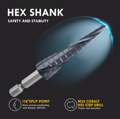 Upgrade M35 Cobalt Step Drill Bit with Ultra TiAIN Coating, 1/8"-7/8" (3PCS) Unibit Step Bit for Metal & Wood