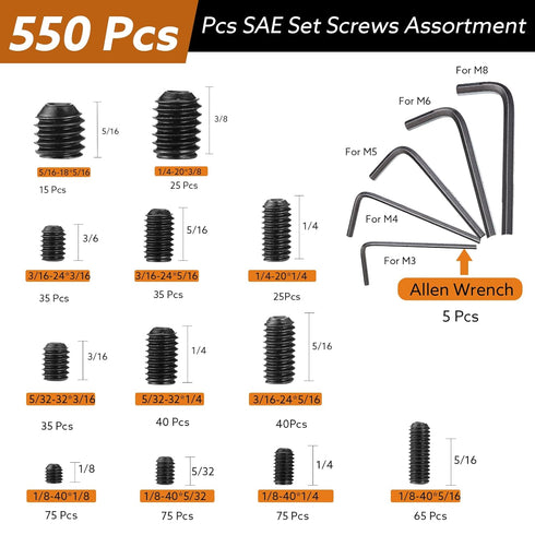 1400 Pcs Set Screw Assortment Kit, 26 Size Metric & SAE, 12.9 Alloy Steel Head Socket Hex Screws, Black Zinc Plated