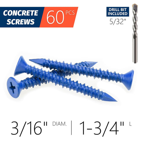 3/16" x 1-3/4" Concrete Screw Anchor, Blue Flat Head Screws for Anchoring to Masonry, Brick, Block, Cement or Stucco (Pack of 60)