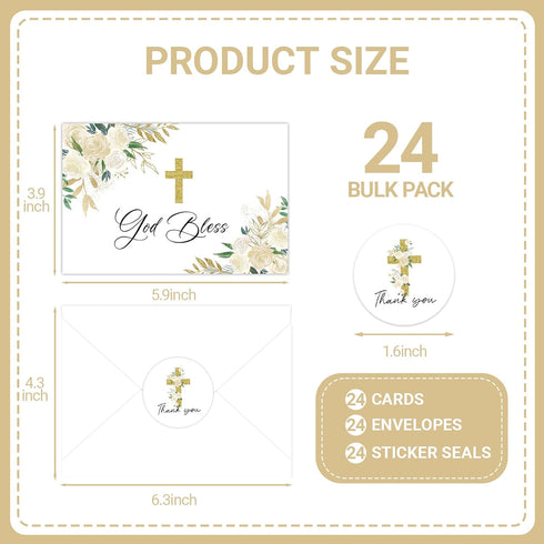 SMUAENSS 24 Pack Communion Christian Thank You Cards, Watercolor Floral Cross Baptism Thank You Cards with Envelopes