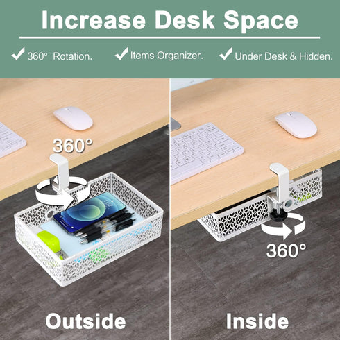 ROSYLINE Drawer Under Desk Storage Organizer - Clamp on Desk Drawer, Hanging Desk Storage, Under Desk Mount Tray, White