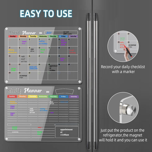 Hivillexun 3-Pack Acrylic Magnetic Dry Erase Calendar Whiteboard Set, Includes Markers, Eraser, and Cloth