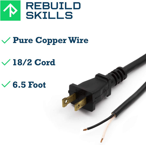 Rebuild Skills Replacement Power Tool Cords for Drills, Sanders, chop saws, Grinders, vacuums, Miter saws, appliances, Motors and Power Tools (6' ft, 18/2)
