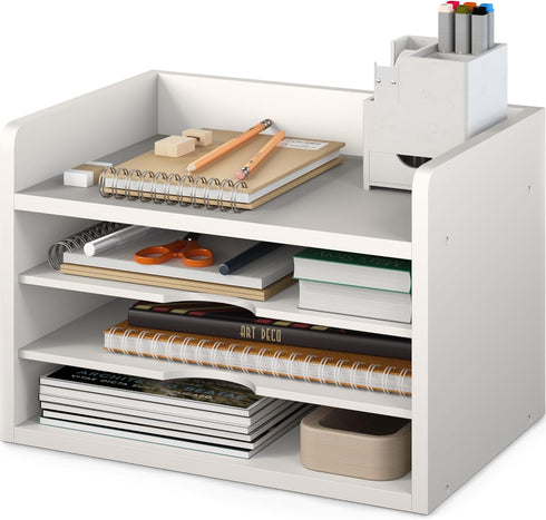 Ballucci 4-Tier File Organizer, Open Top Wood Paper Organizer for Classroom, Desktop Mail Sorter, White