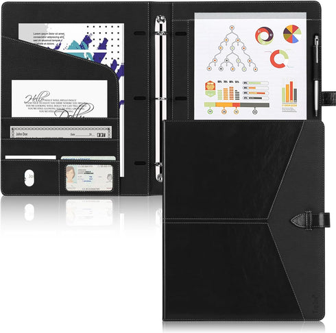 Toplive A4/Letter Size Padfolio, 3 Ring Binder Organizer Business Portfolio Folder for Women, Black