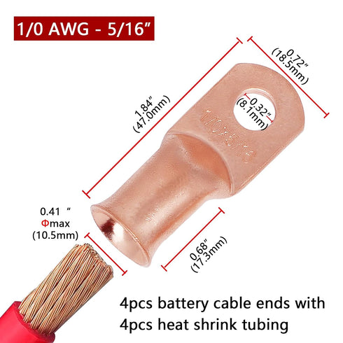 4pcs 1/0 AWG-5/16" Copper Battery Lugs, Heavy Duty Cable Ends with 3:1 Heat Shrink Tubing