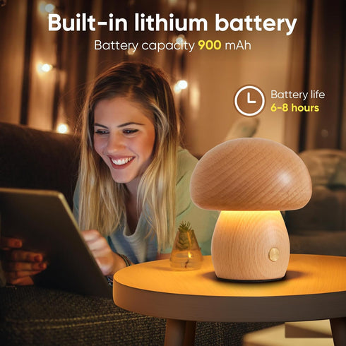 Wooden Mushroom Lamp, Portable Cordless Small Lamp, Rechargeable Battery Operated Lamp,Stepless Dimming, Night Light for Birthday Gifts by LONRISWAY