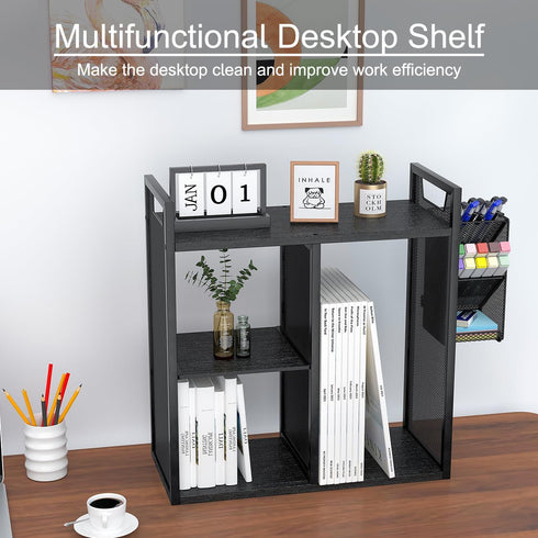 PAG Desktop Shelf Freestanding Bookshelf with Pencil Holder, Office Supplies Organizers and Accessories Storage Display