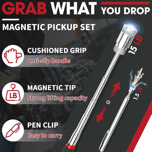 DIYSELF Magnetic Pickup Tool, Telescoping Magnet Stick, LED Flashlight, Flexible Magnetic Pickup Tool, Extendable